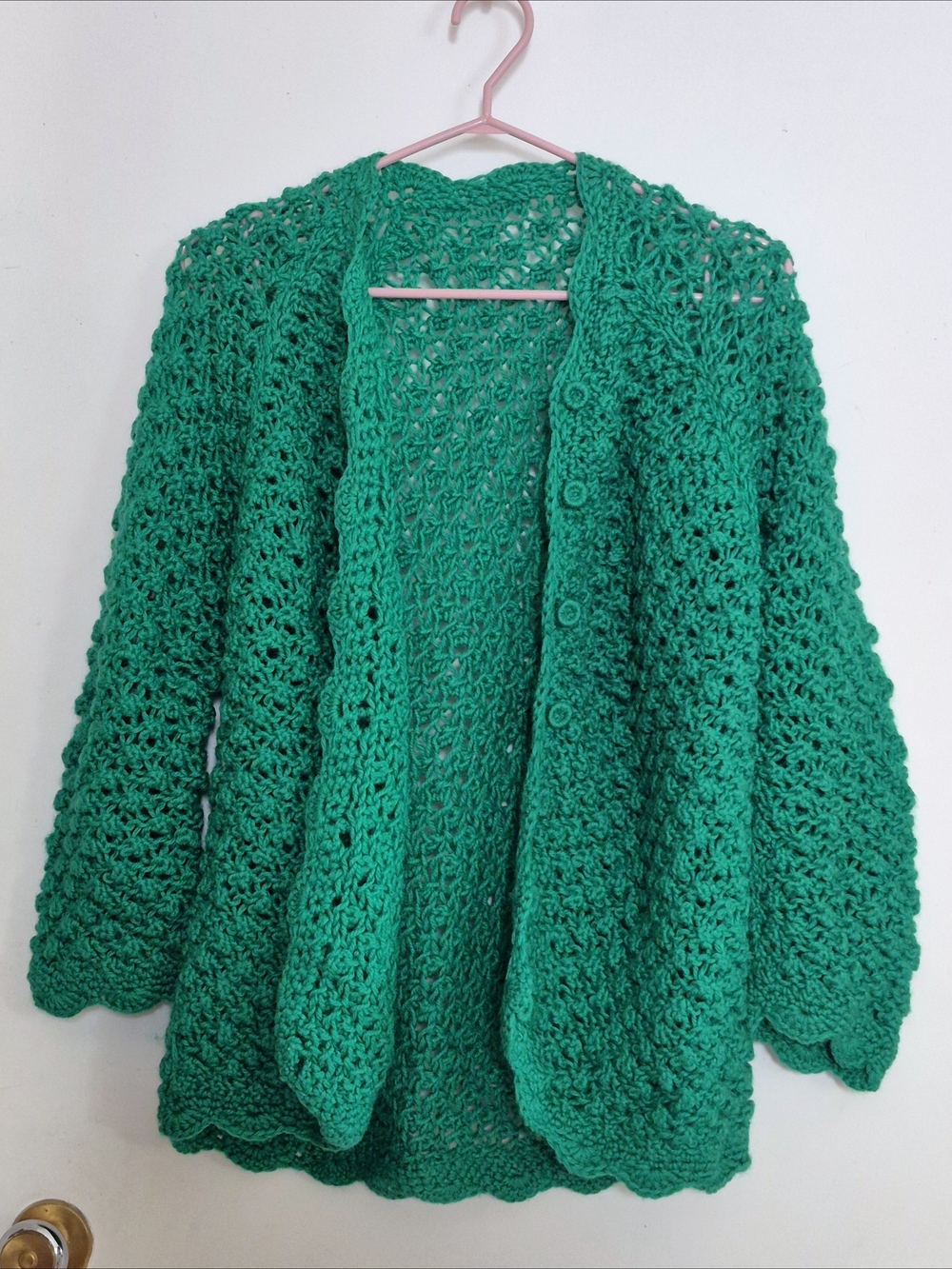 Vintage 70s Handmade Green Emerald Crochet Cardigan 100% Wool